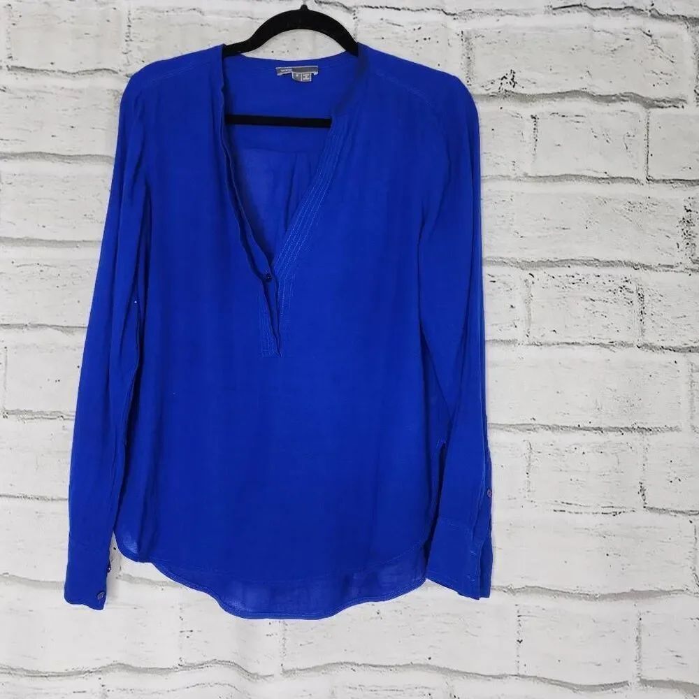 Vince Womens Blue Trapunto Long Sleeve Split Neck Pullover Popover Top Size 4